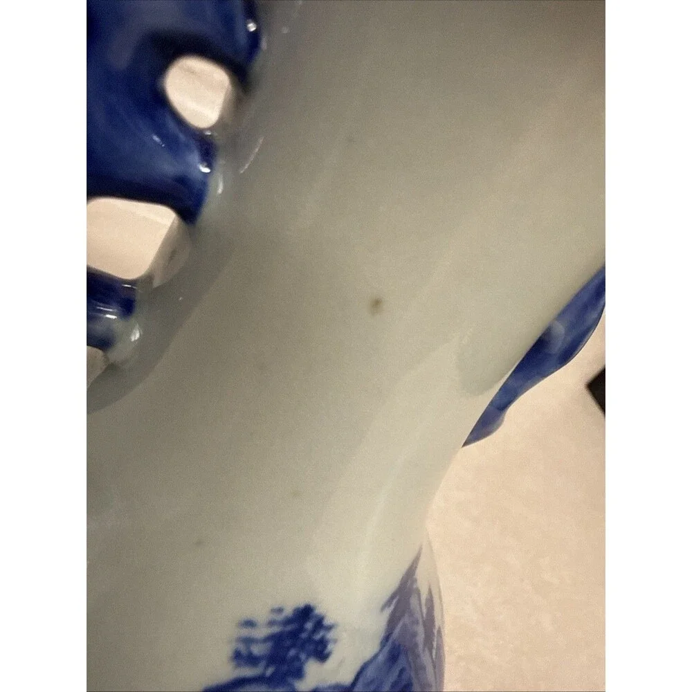 Blue & White Ceramic Landscape Vase Decorative Handles 8.25in